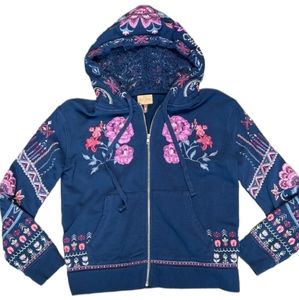 Sundance Driftwood Teddy Embroidered Navy Floral Zip Hoodie Women's XL